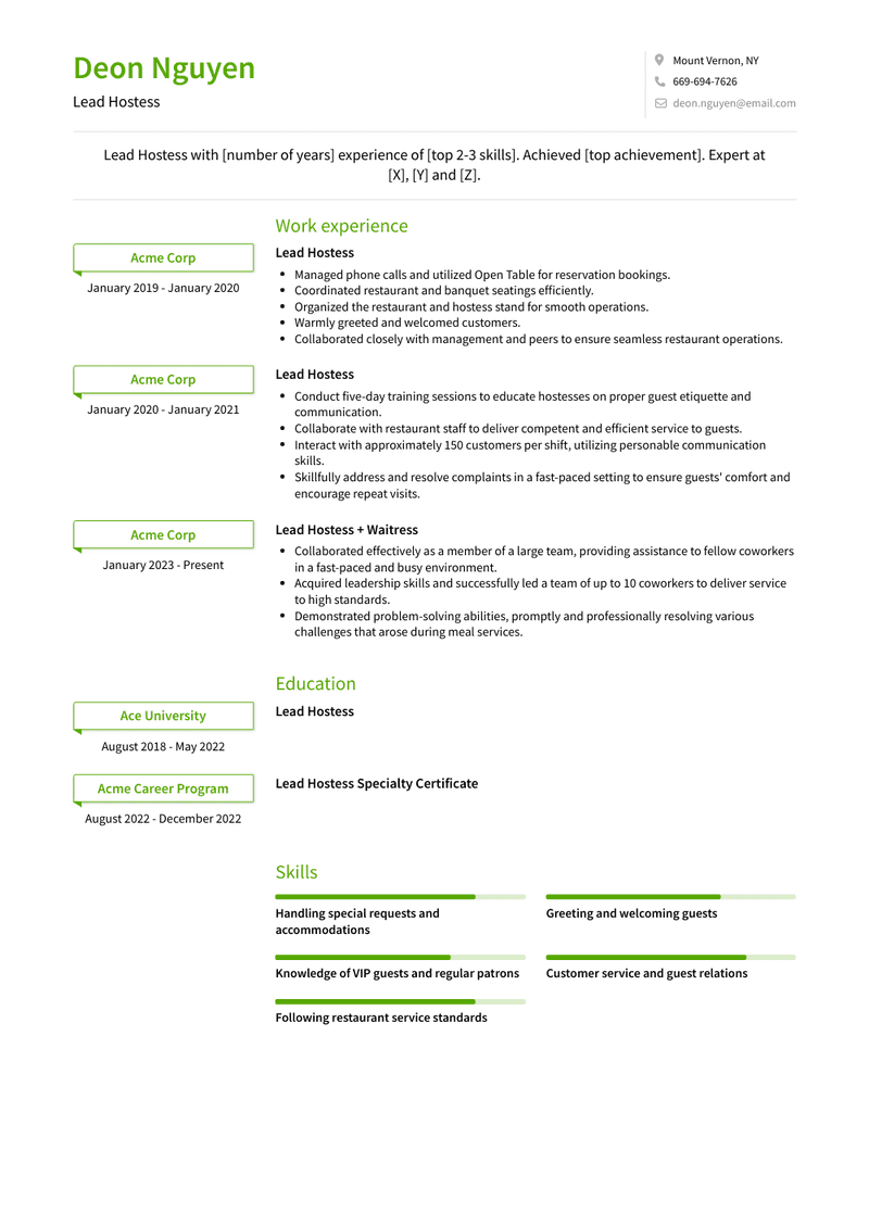 Lead Hostess Resume Sample and Template