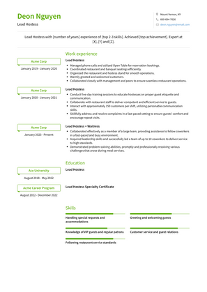 Lead Hostess Resume Sample and Template