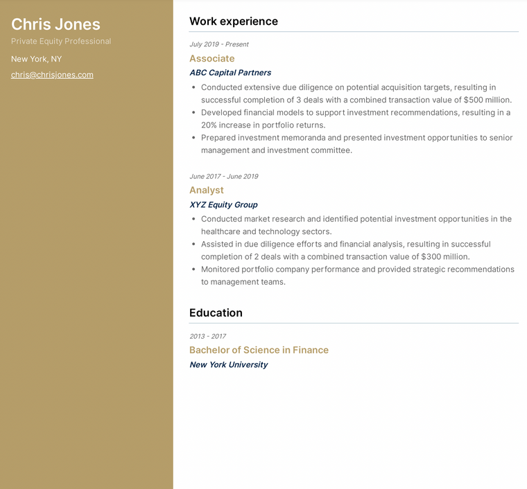 Private Equity Resume Example 2