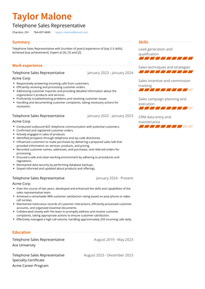 Telephone Sales Representative Resume Sample and Template