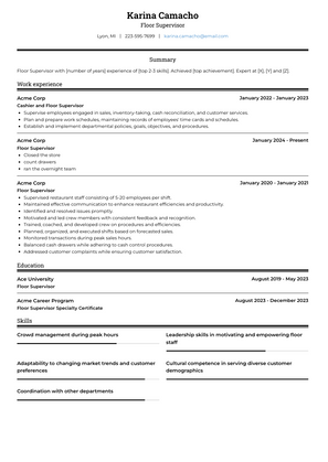 Floor Supervisor Resume Sample and Template