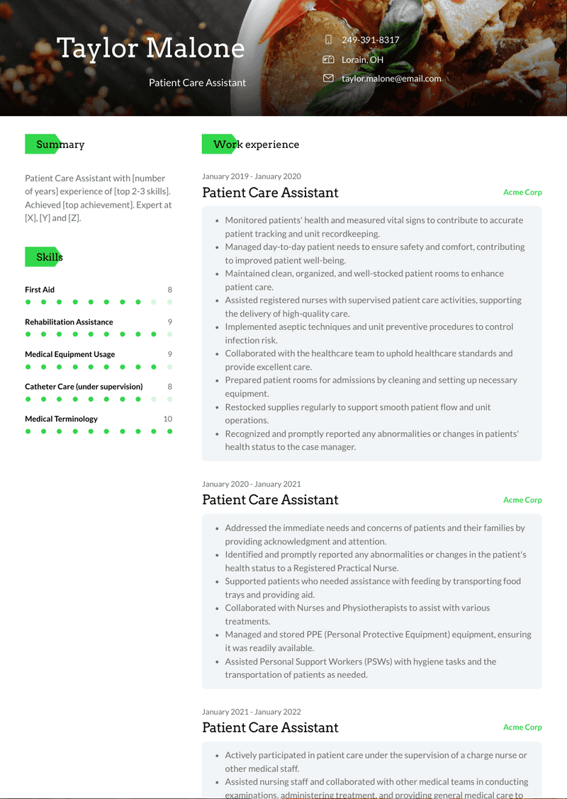 Patient Care Assistant Resume Sample and Template