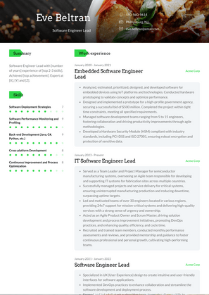 Software Engineer Lead Resume Sample and Template