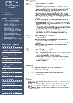 Project Management Consultant Resume Sample and Template