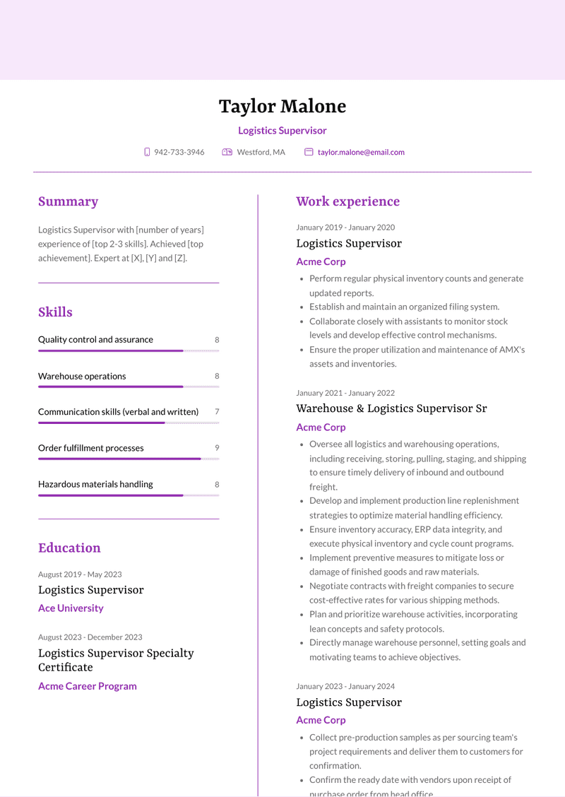 Logistics Supervisor Resume Sample and Template