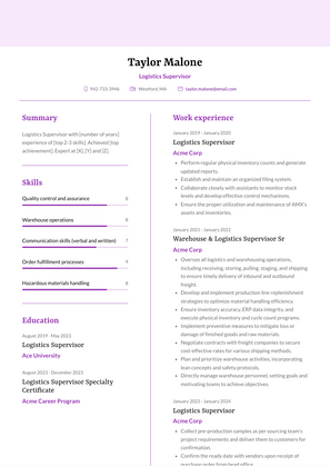 Logistics Supervisor Resume Sample and Template