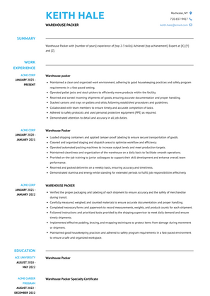 Warehouse Packer Resume Sample and Template
