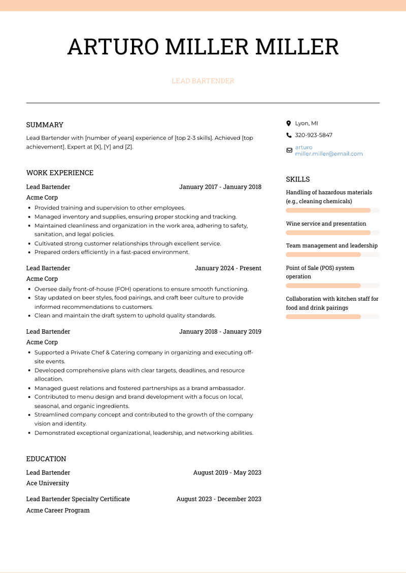 Lead Bartender Resume Sample and Template