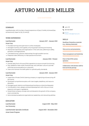 Lead Bartender Resume Sample and Template