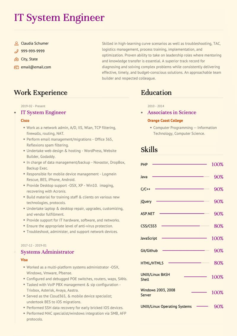 IT Systems Engineer CV Example and Template