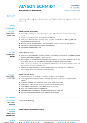 Assistant Director Of Nursing Resume Sample and Template