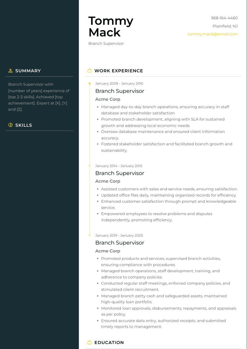 Branch Supervisor Resume Sample and Template