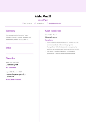 Licensed Agent Resume Sample and Template