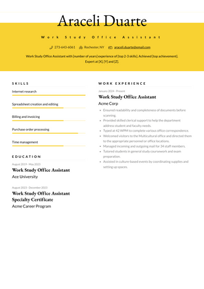 Work Study Office Assistant Resume Sample and Template