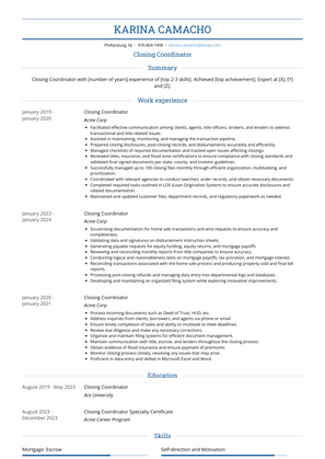 Closing Coordinator Resume Sample and Template