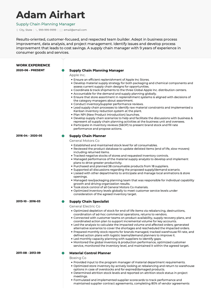 Supply Chain Planning Manager CV Example and Template