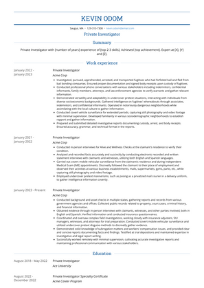 Private Investigator Resume Sample and Template