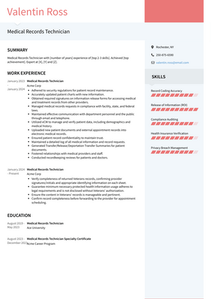 Medical Records Technician Resume Sample and Template