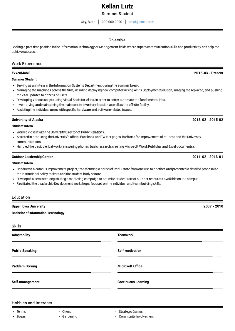 Summer Student Resume Sample and Template