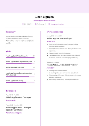 Mobile Applications Developer Resume Sample and Template