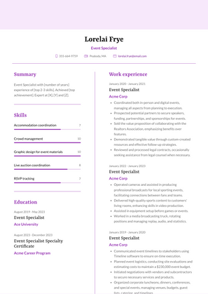 Event Specialist Resume Sample and Template