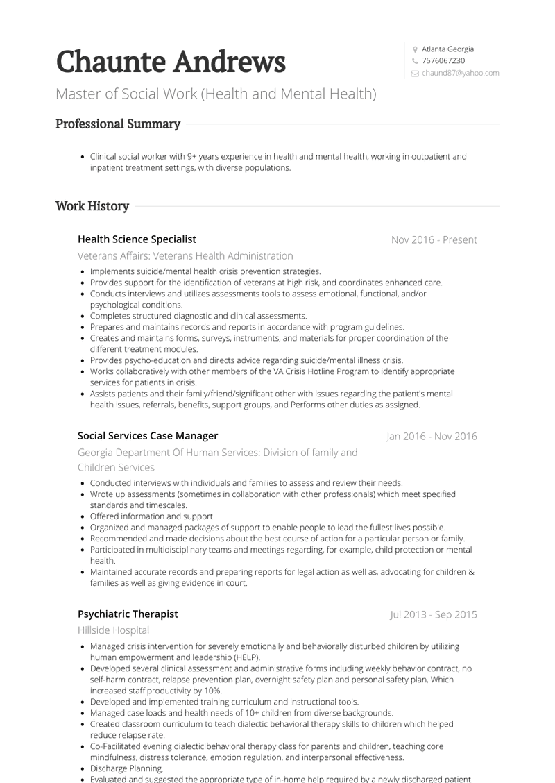 Psychiatric Therapist  Resume Sample and Template
