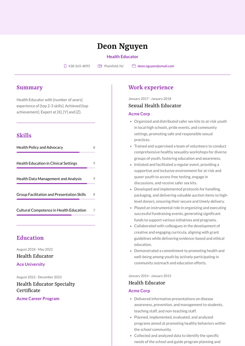 Health Educator Resume Sample and Template