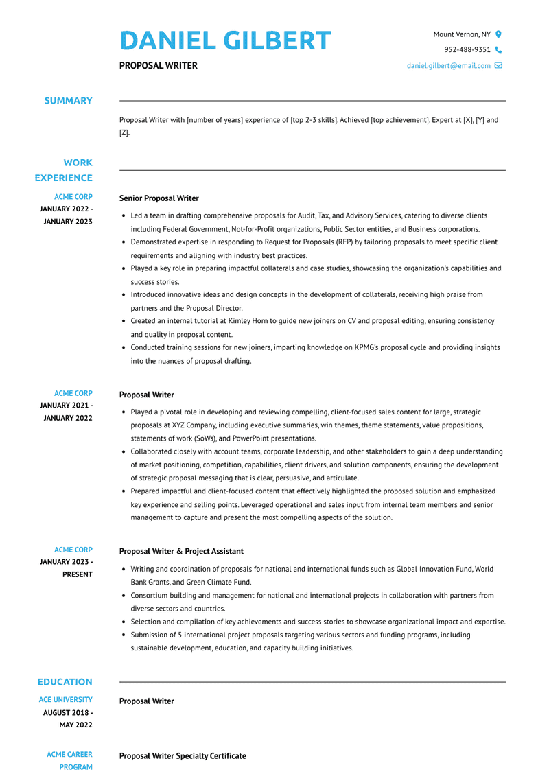 Proposal Writer Resume Sample and Template