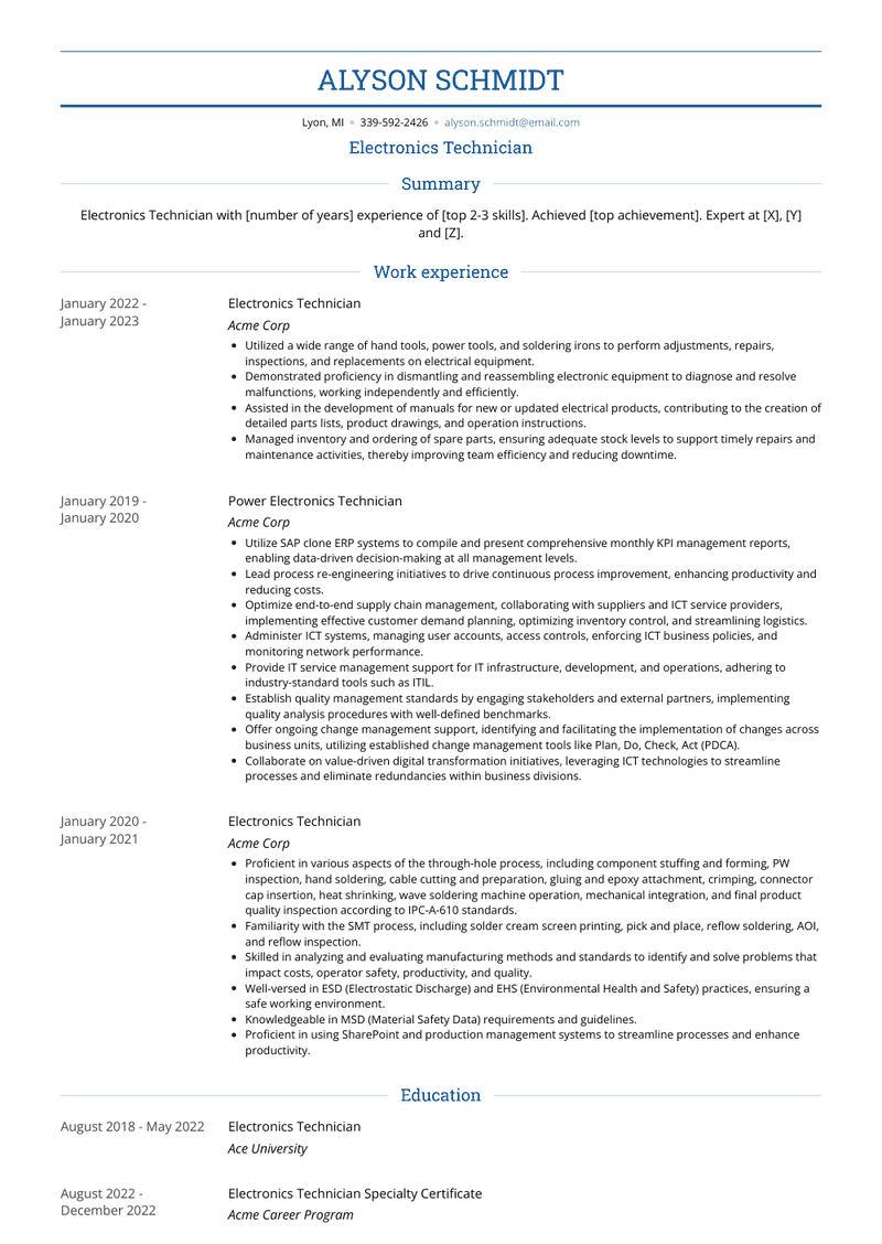 Electronics Technician Resume Sample and Template