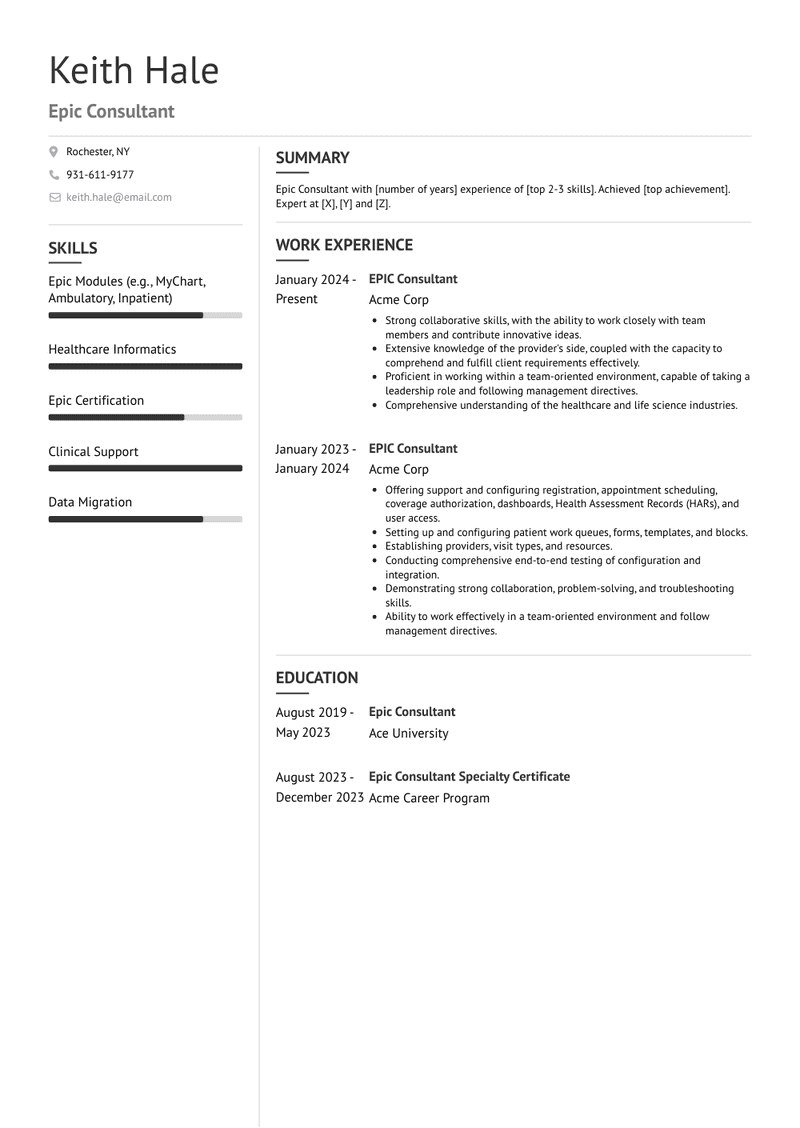 Epic Consultant Resume Sample and Template