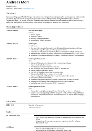 Bookkeeper Resume Sample and Template