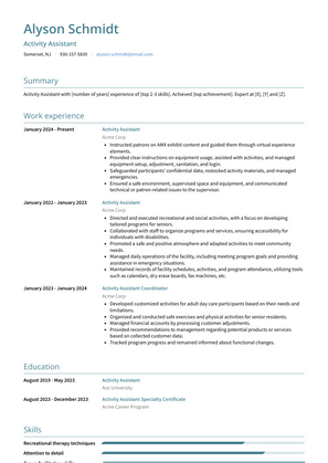 Activity Assistant Resume Sample and Template