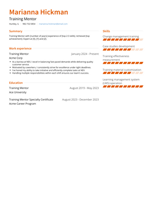 Training Mentor Resume Sample and Template