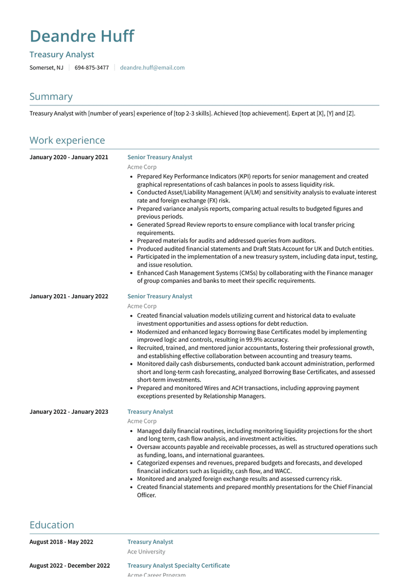 Treasury Analyst Resume Sample and Template