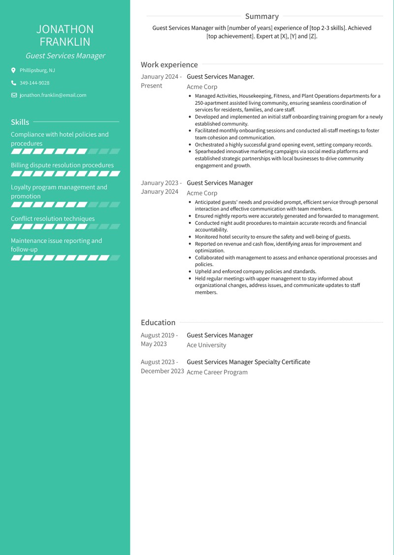 Guest Services Manager Resume Sample and Template