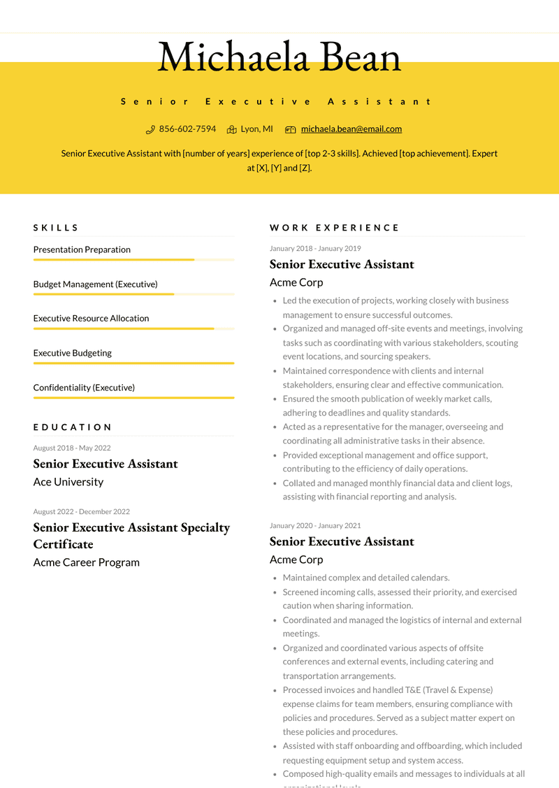 Senior Executive Assistant Resume Sample and Template