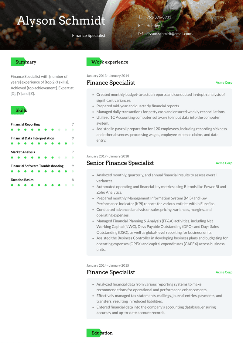Finance Specialist Resume Sample and Template
