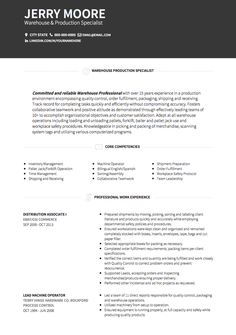 Warehouse & Production Specialist CV Example and Template