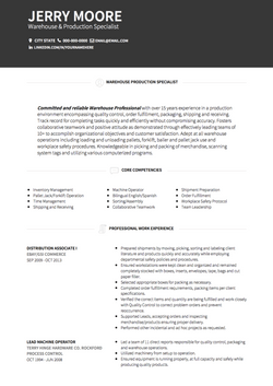 Warehouse & Production Specialist Resume Sample and Template