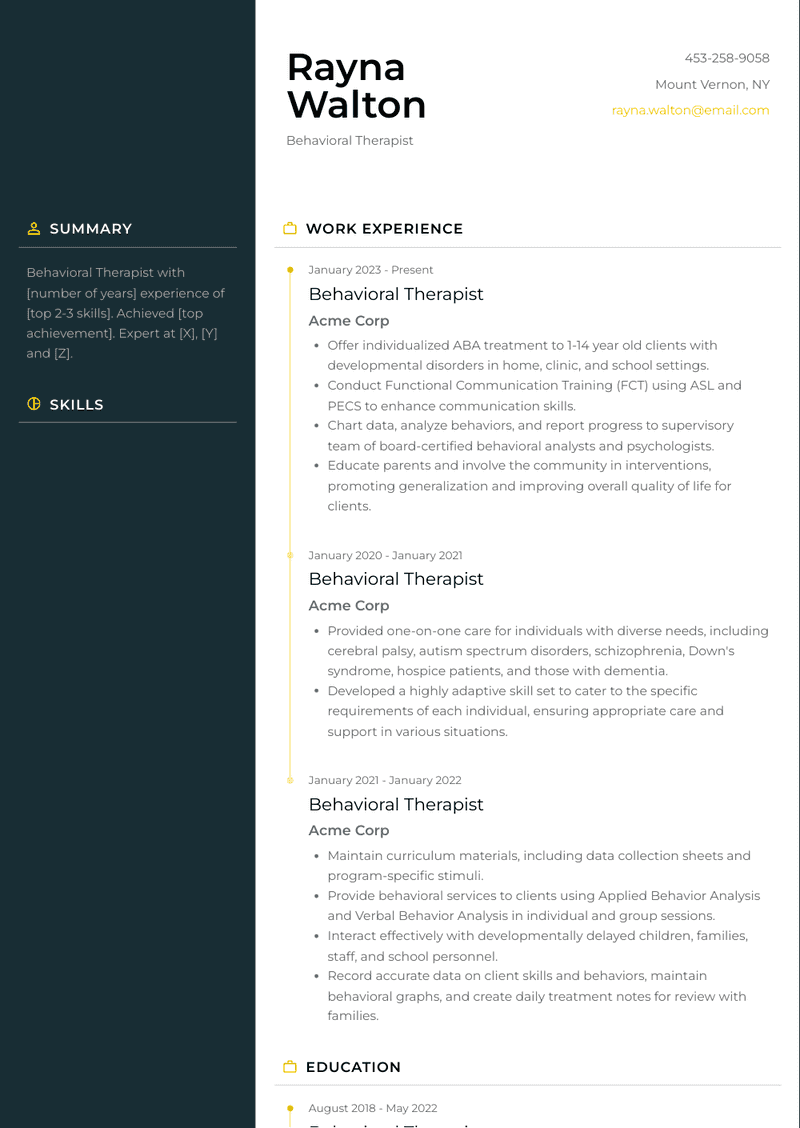 Behavioral Therapist Resume Sample and Template
