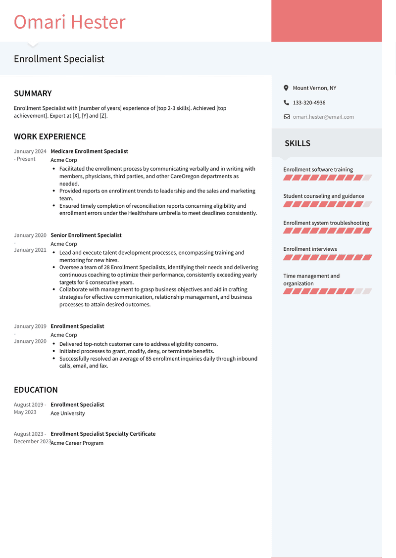 Enrollment Specialist Resume Sample and Template