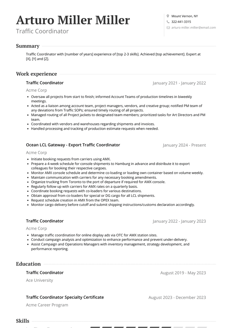 Traffic Coordinator Resume Sample and Template