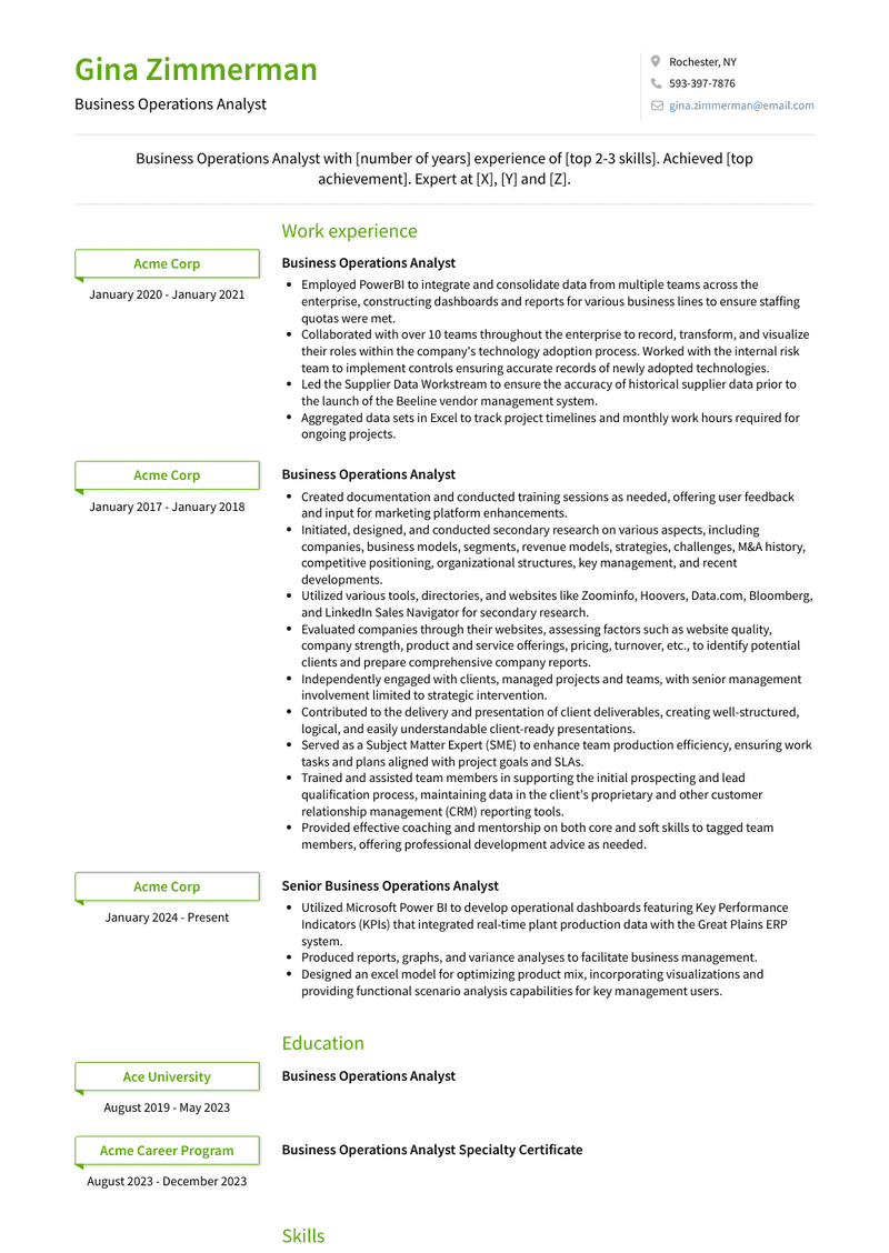 Business Operations Analyst Resume Sample and Template