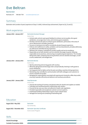 Bartender Resume Sample and Template