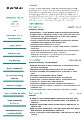 Production Manager CV Example and Template