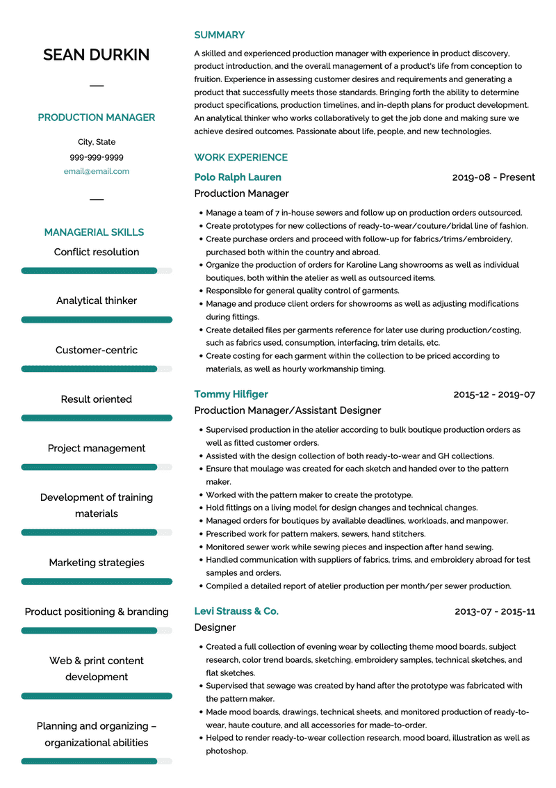 Production Manager CV Example and Template