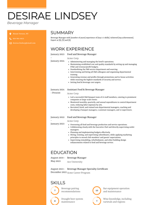 Beverage Manager Resume Sample and Template