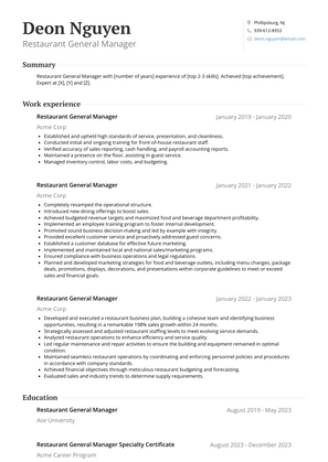 Restaurant General Manager Resume Sample and Template