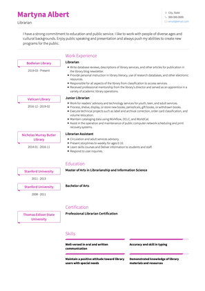 Librarian CV Example and Template