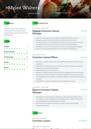 Customer Liaison Resume Sample and Template
